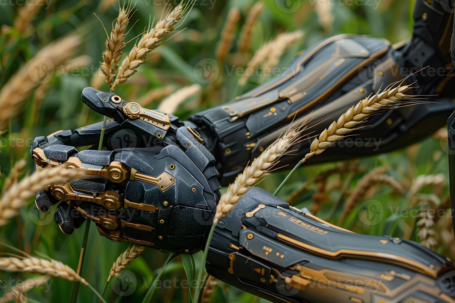 Futuristic Robotics Technology in Agriculture Robotic Arm Harvesting Wheat in a Field photo
