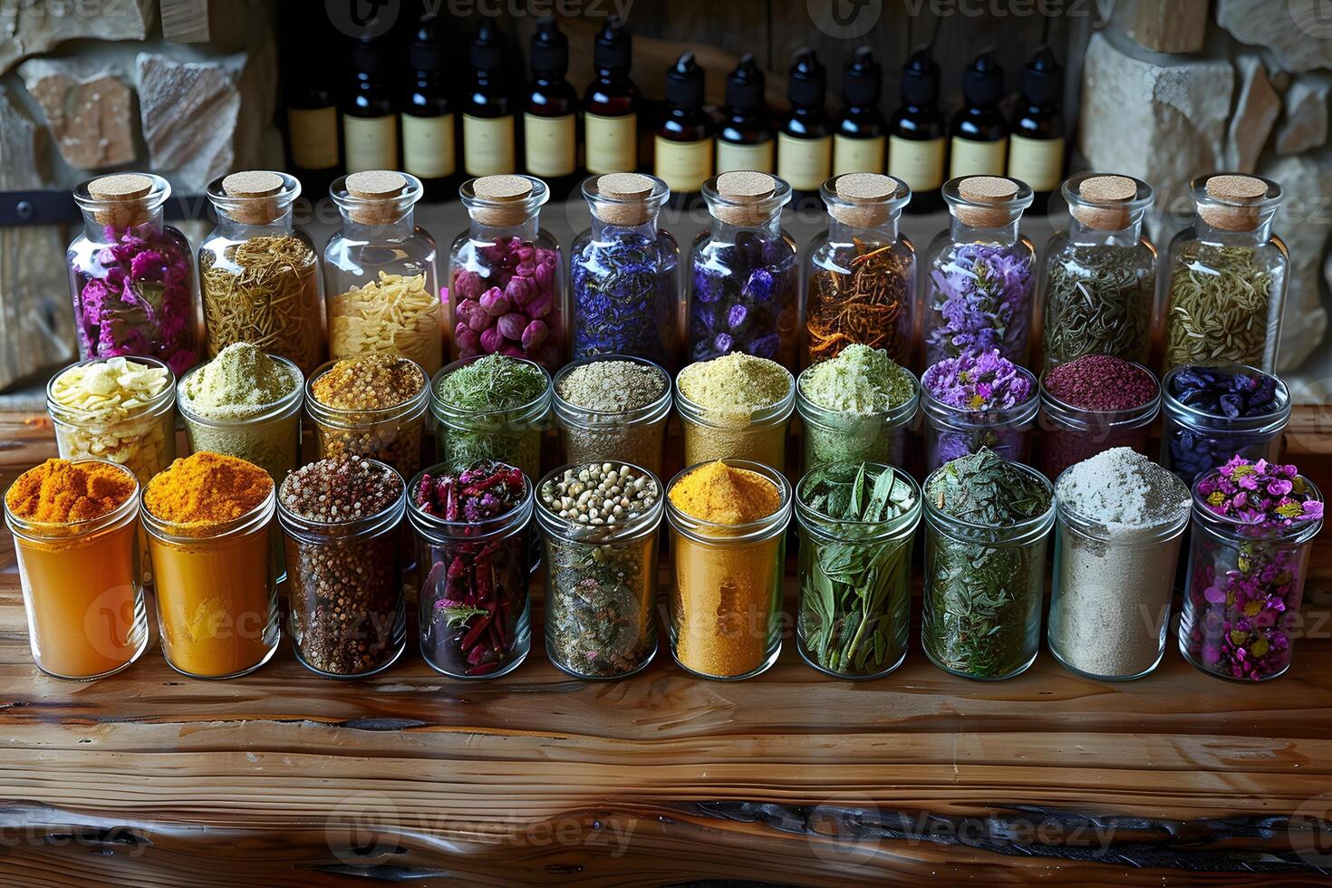 Herbal Apothecary Display Assortment of Dried Herbs and Spices in Glass Jars for Natural Remedies and Wellness photo