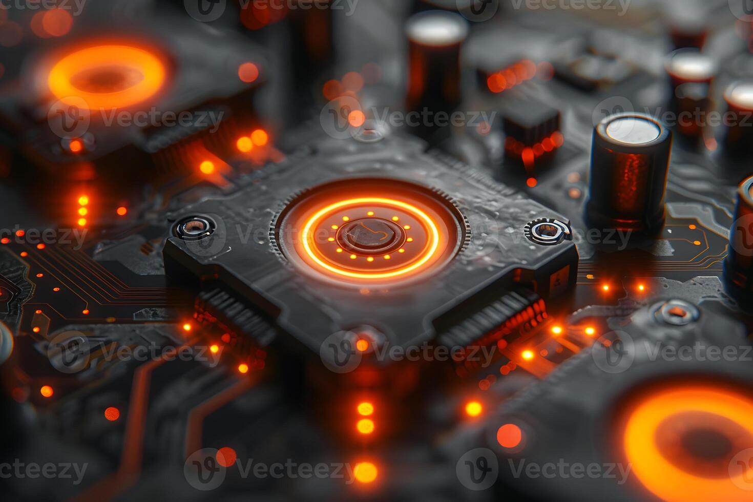 Futuristic Technology Circuit Board with Glowing Orange Lights for Innovation and Design photo