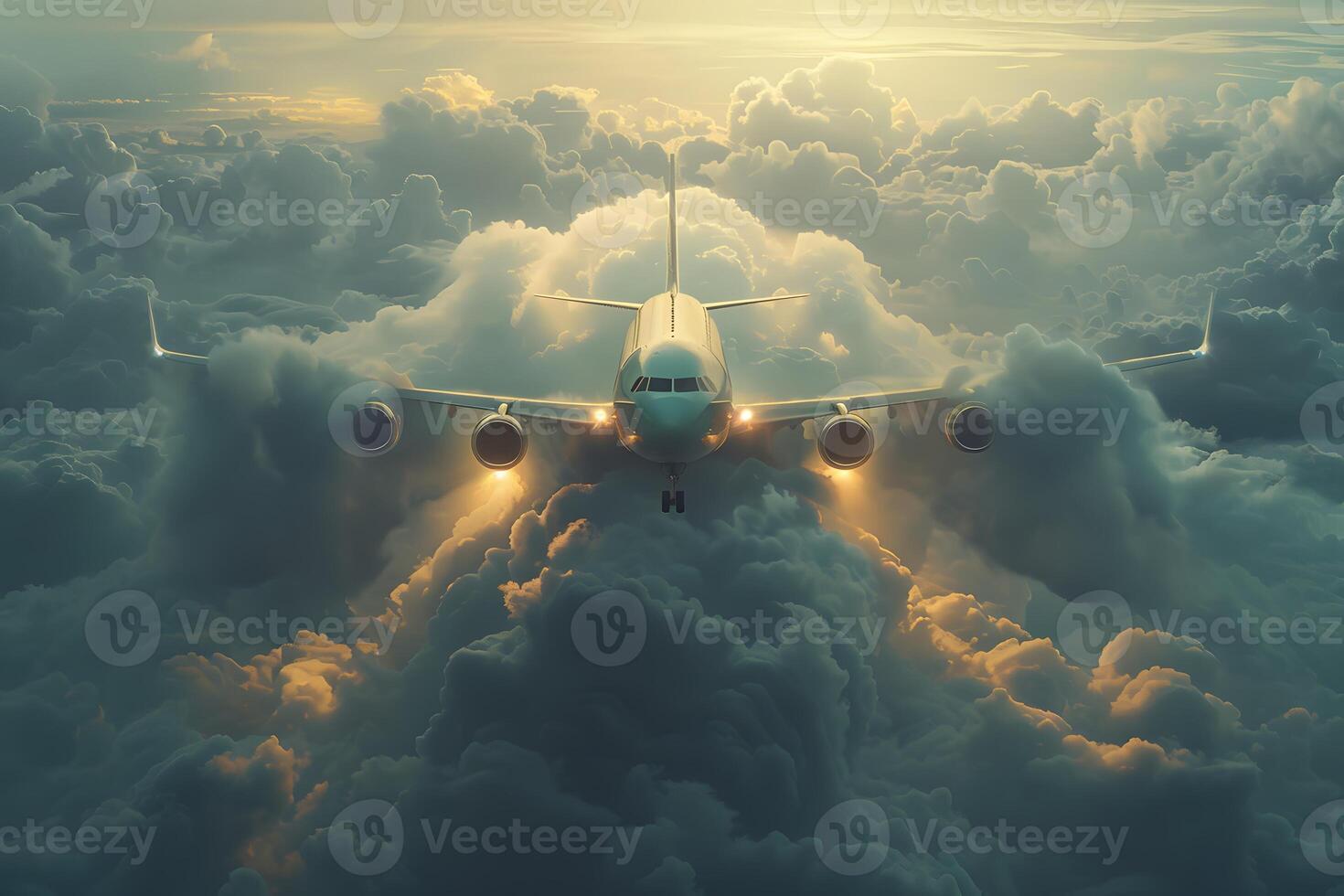 Majestic Airplane Flying Through Dramatic Clouds at Sunset - Perfect for Travel Posters photo