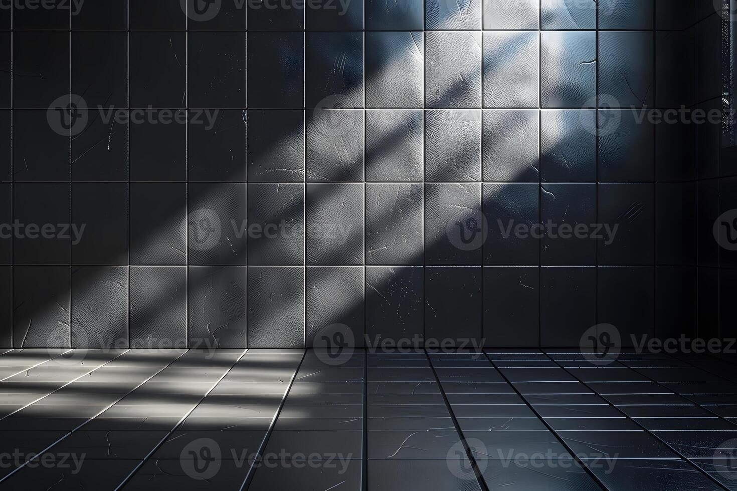 Sunlight Streams Through Dark Tiled Room Creating Dramatic Contrast and Shadows photo