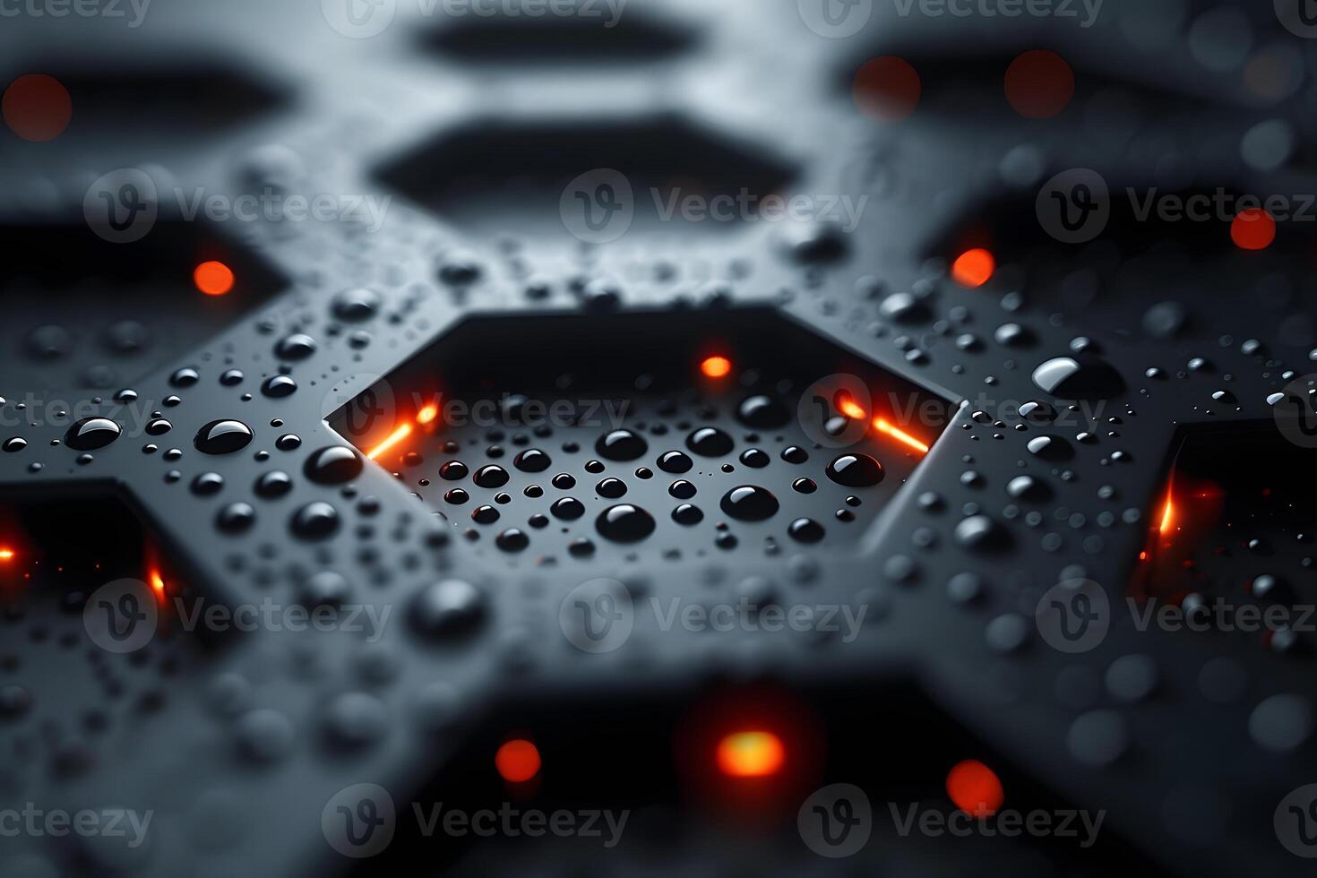 Futuristic Hexagonal Pattern with Water Droplets and Glowing Lights photo