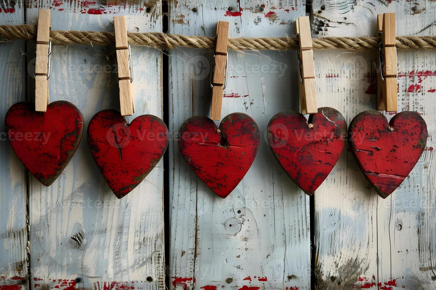 Rustic Valentine's Day Heart Decorations on Wooden Background for Holiday Decor photo