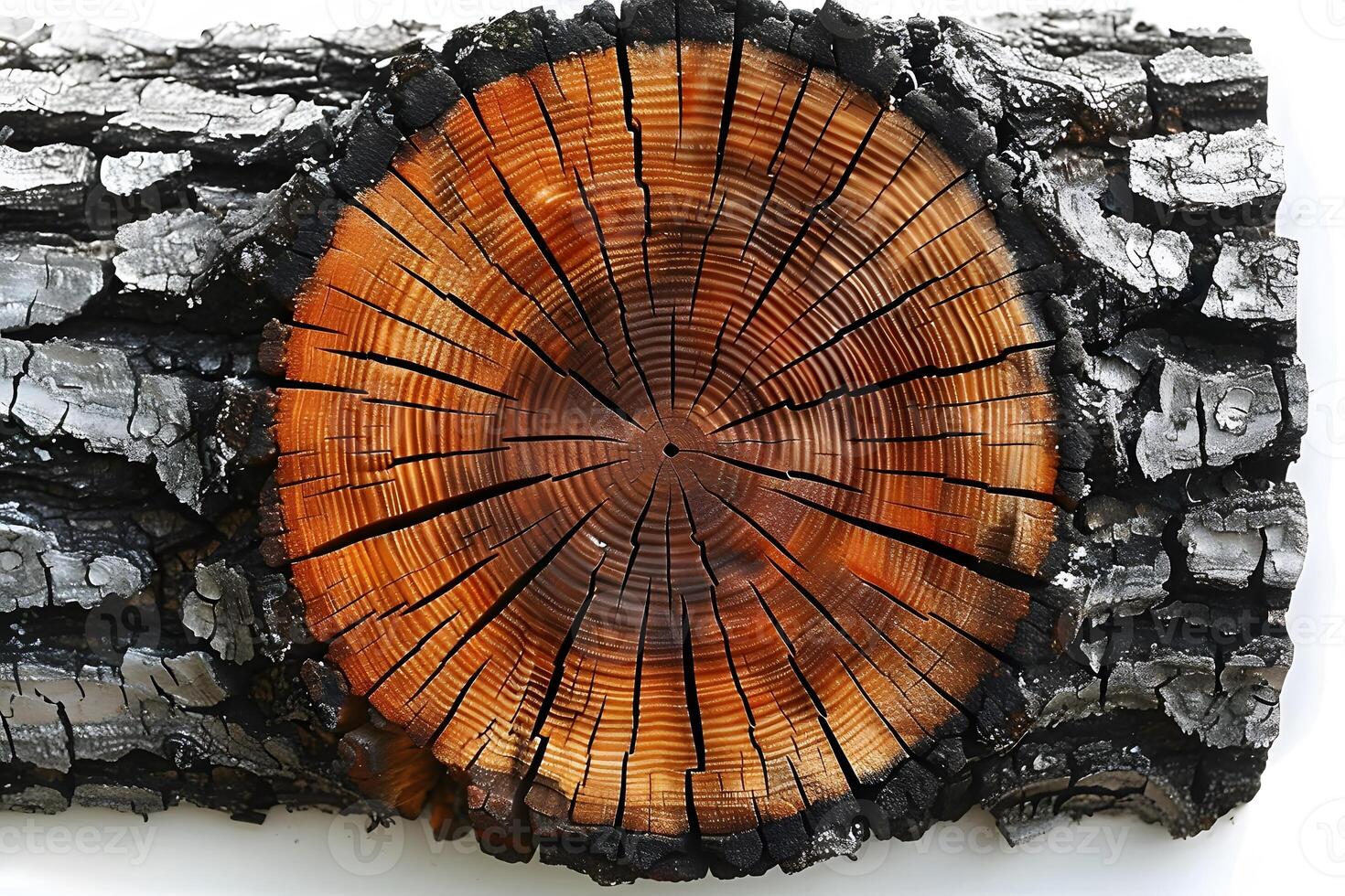 Cross Section of Burnt Tree Log Revealing Growth Rings for Nature and Forestry Themed Designs photo