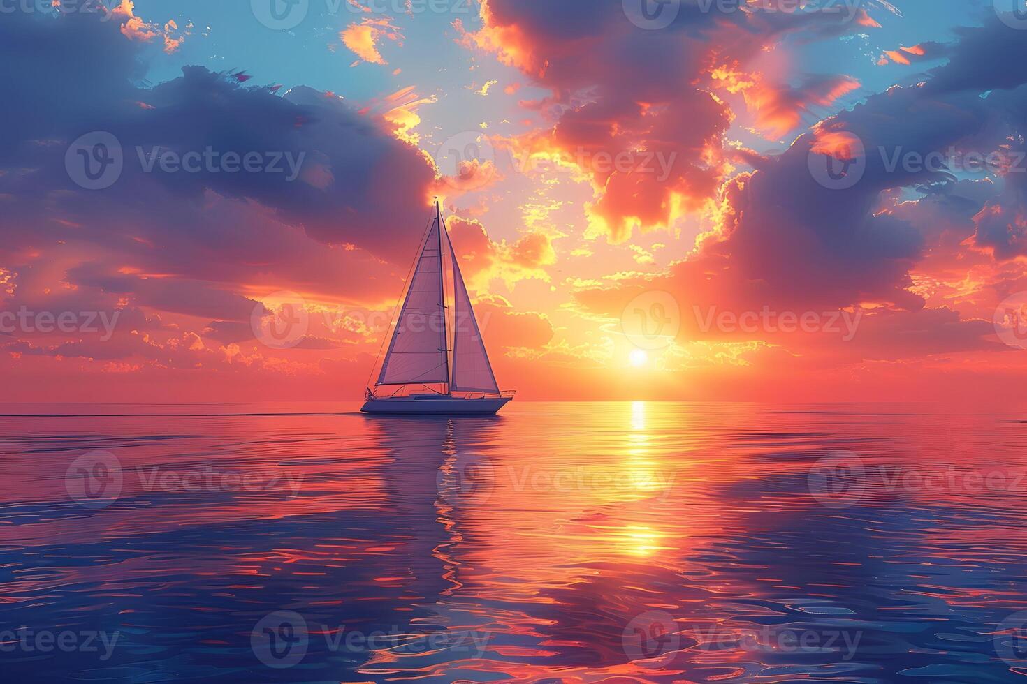 Majestic Sunset Sailboat on Tranquil Ocean Waters for Nautical Art and Decor photo