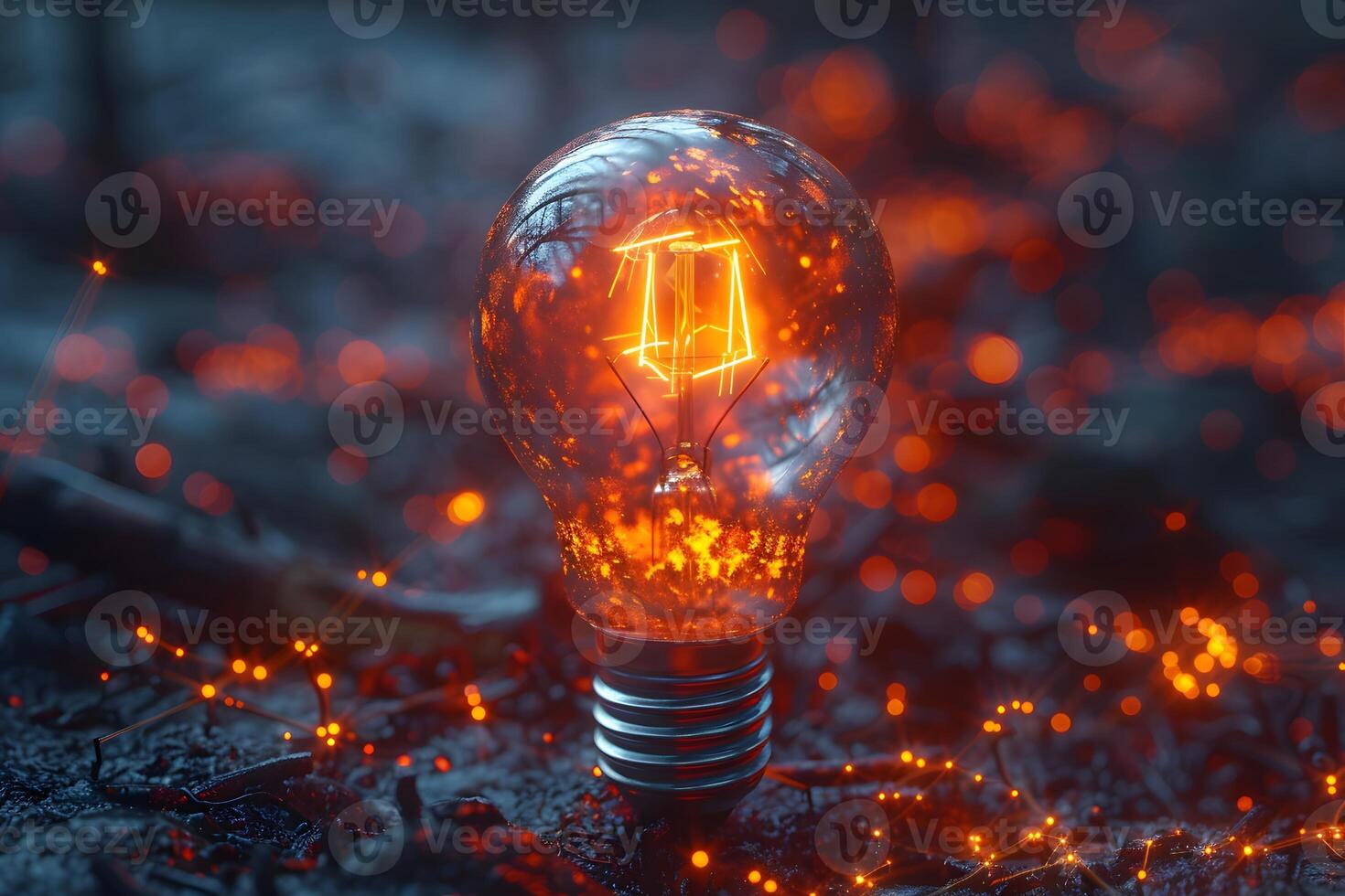 Enchanted Filament Illuminated Light Bulb Amidst Magical Forest Setting photo