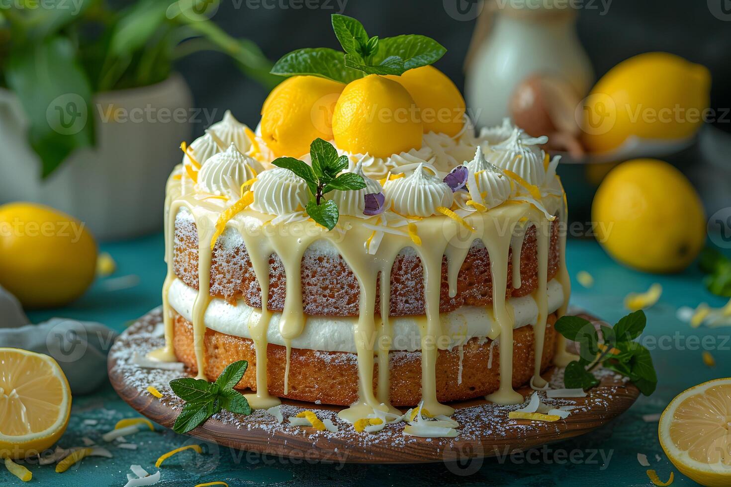 Lemon Drizzle Cake with Fresh Lemons and Mint Garnish for Spring Gatherings photo