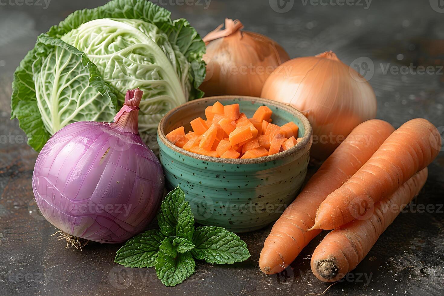 Fresh Vegetables Arrangement with Cabbage, Onions, Carrots, and Mint for Healthy Cooking photo