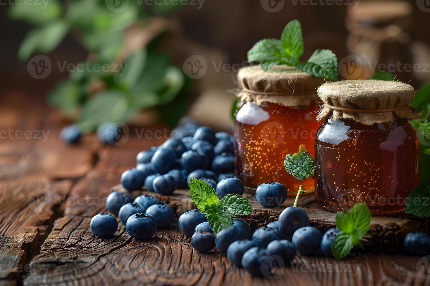 Rustic Blueberry Jam and Fresh Fruit Arrangement with Mint on Wooden Table photo