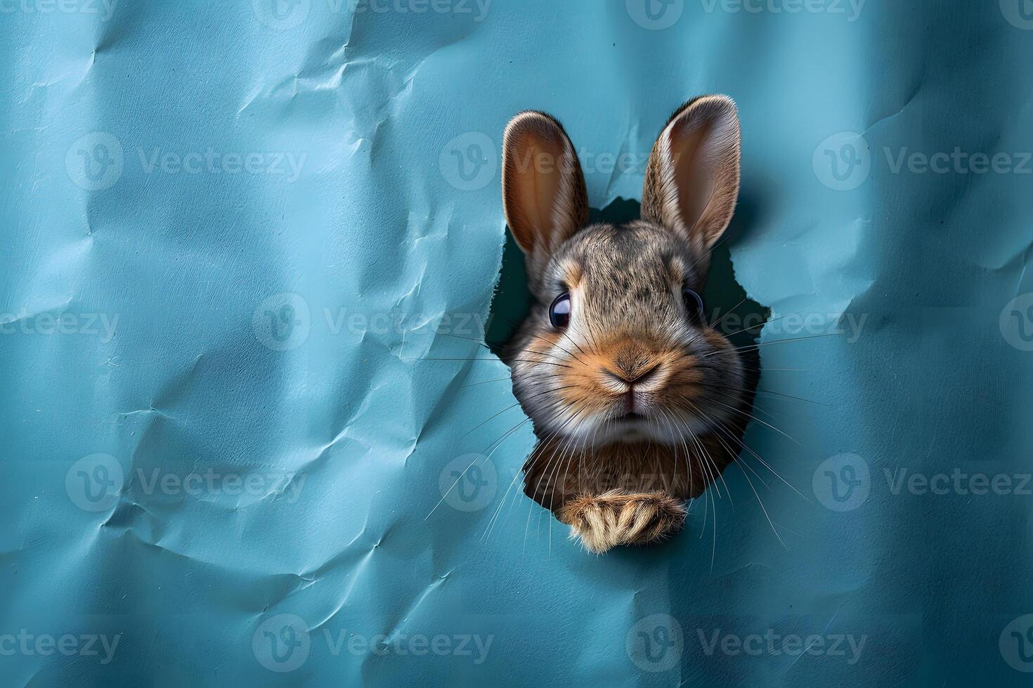 Curious Rabbit Emerging through Torn Blue Paper for Creative Design Concepts photo