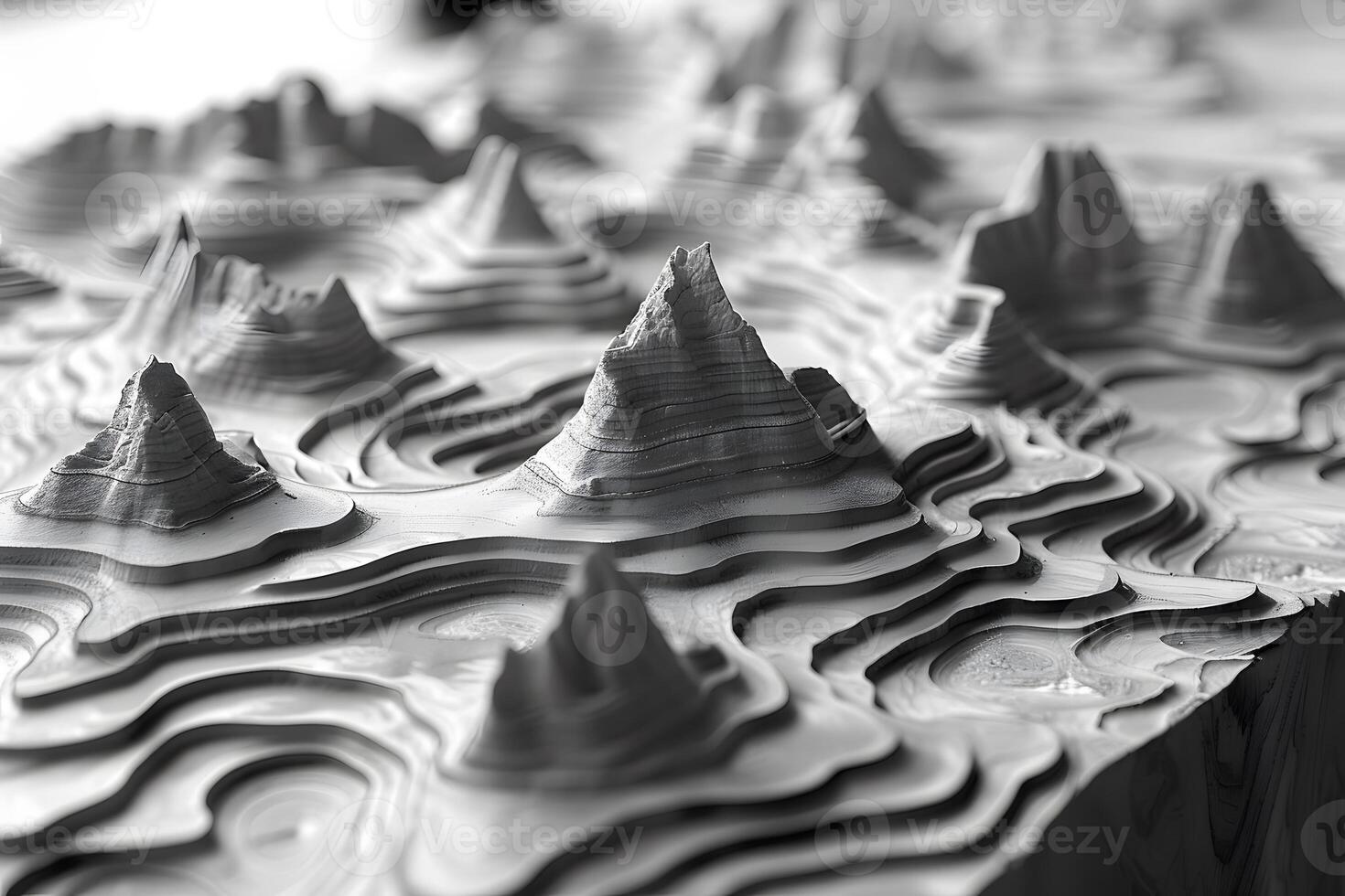 Abstract 3D Terrain Model with Monochromatic Mountain Layers for Design photo