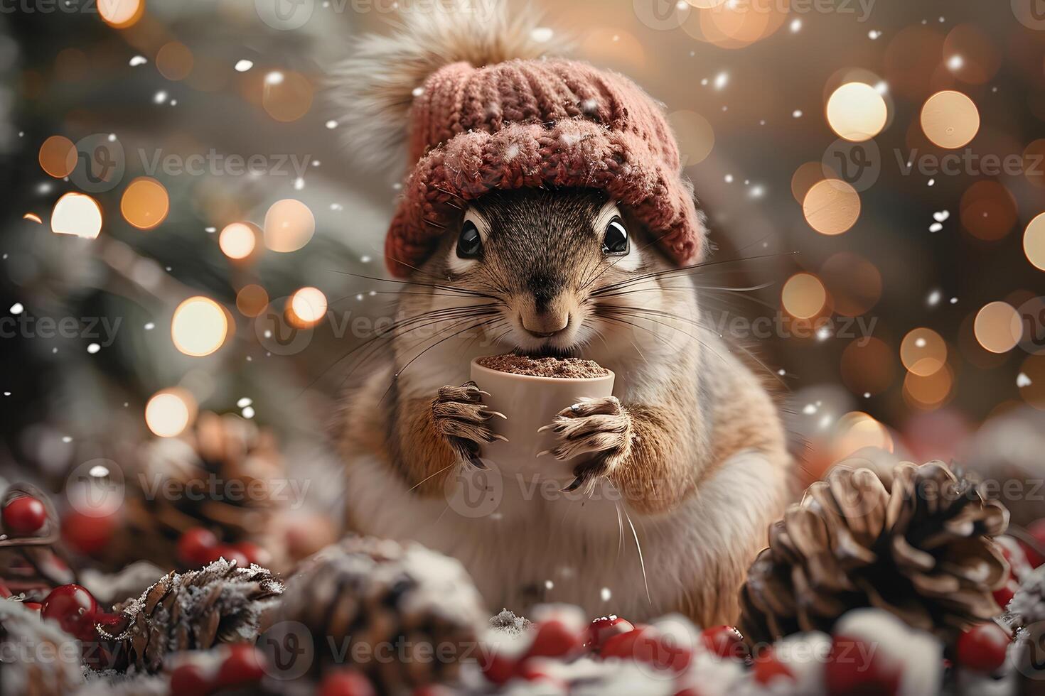 Cozy Winter Vibes Squirrel with Hot Cocoa and Knit Hat Amidst Snowy Pinecones photo