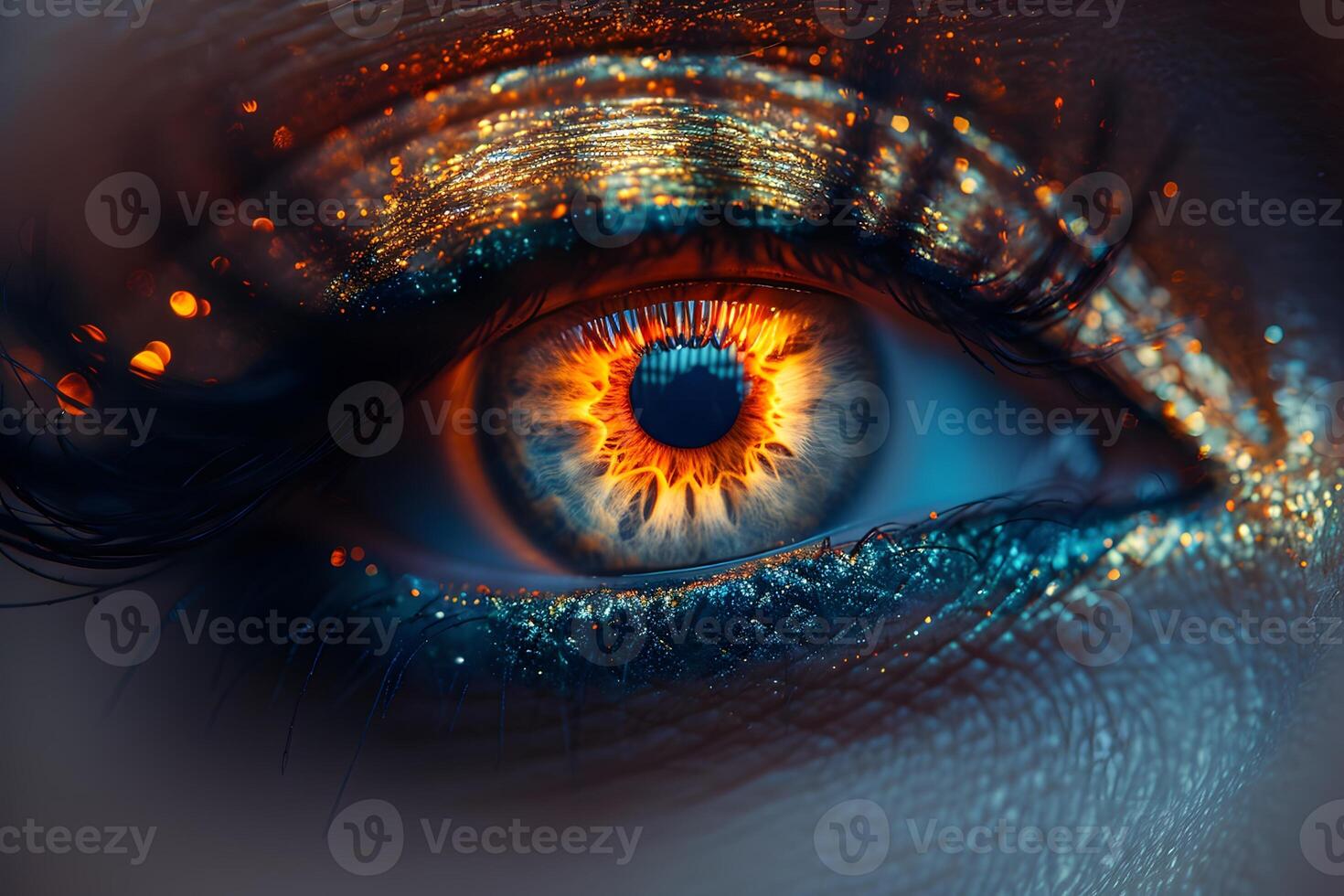 Fiery Eye Close-Up with Cosmic Glitter and Vibrant Colors for Abstract Art Design photo
