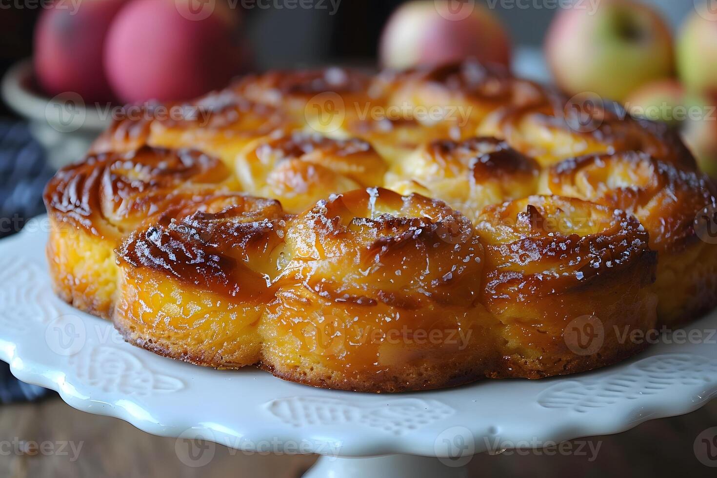 Rustic Apple Caramel Cake on Elegant White Stand for Fall Baking Inspiration photo