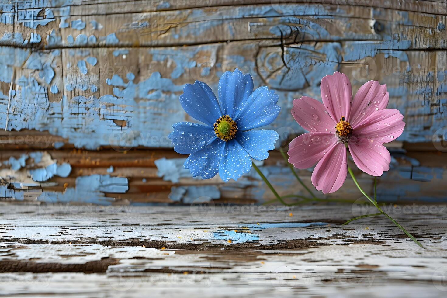 Rustic Charm Blue and Pink Cosmos Flowers on Weathered Wooden Background for Nature Scenes photo