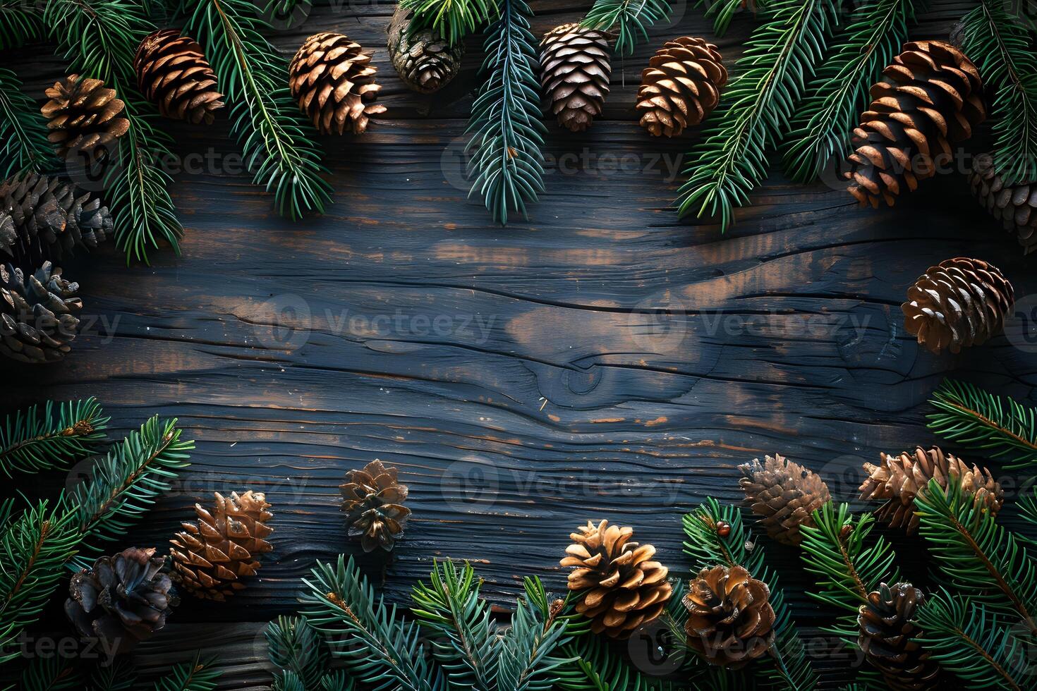 Rustic Wooden Background with Pine Cones and Evergreen Branches for Holiday Decor and Nature Themes photo