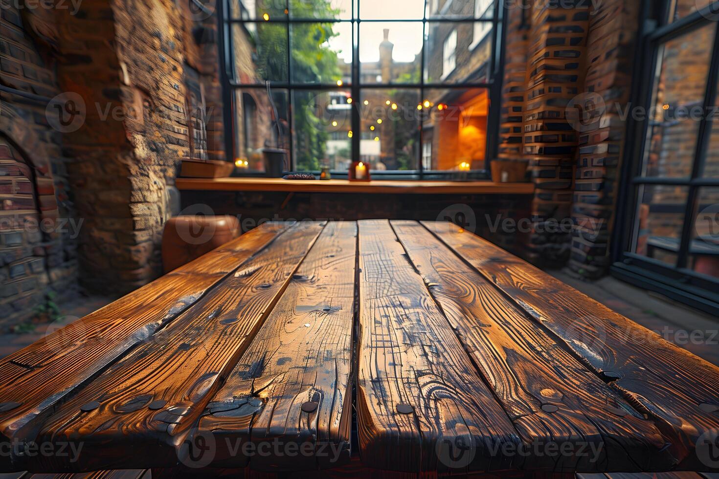 Rustic Wooden Table in Cozy Industrial Loft Cafe with Warm Ambient Lighting photo