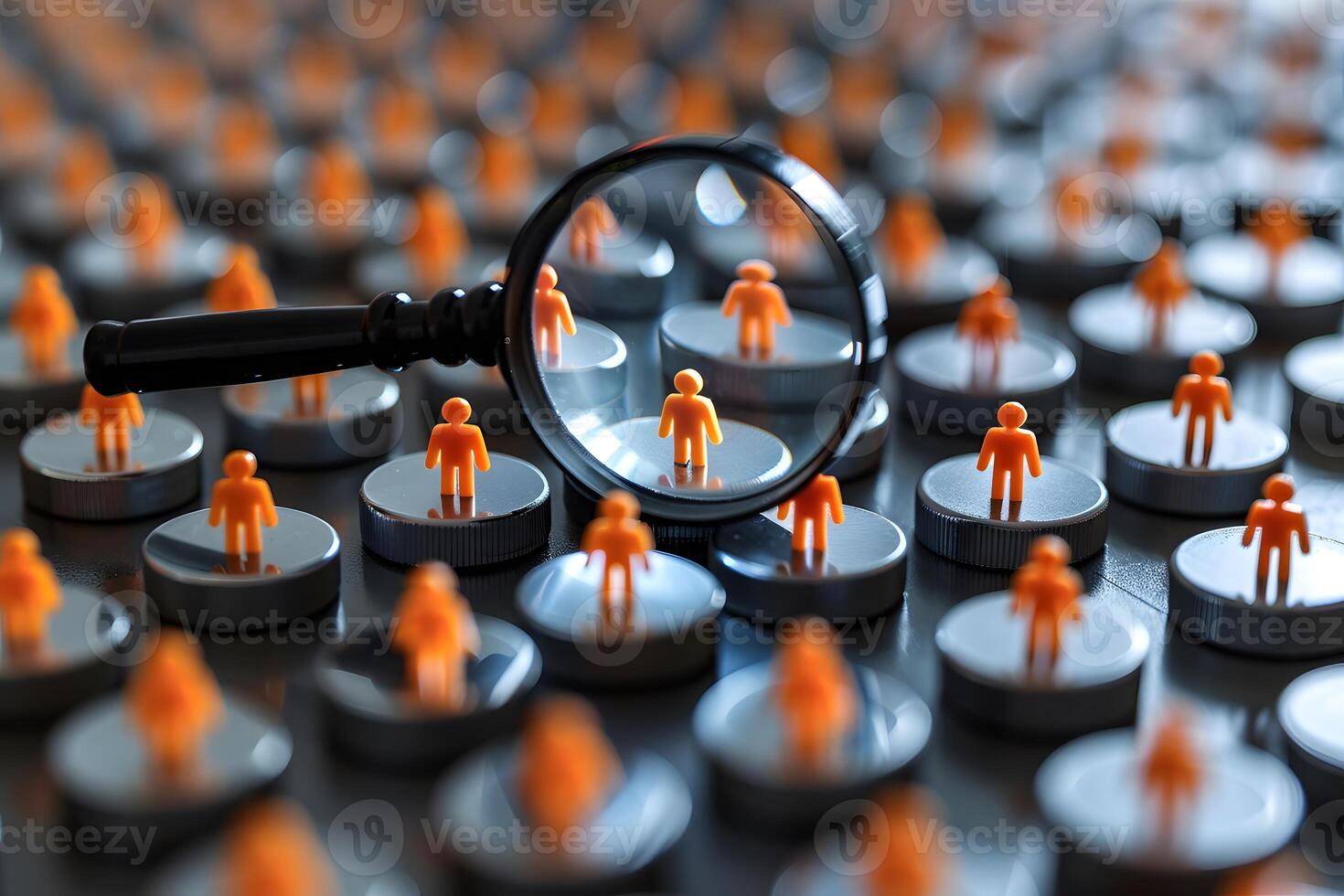 Search for Talent and Leadership in Crowded Market Concept - Magnifying Glass Focus photo