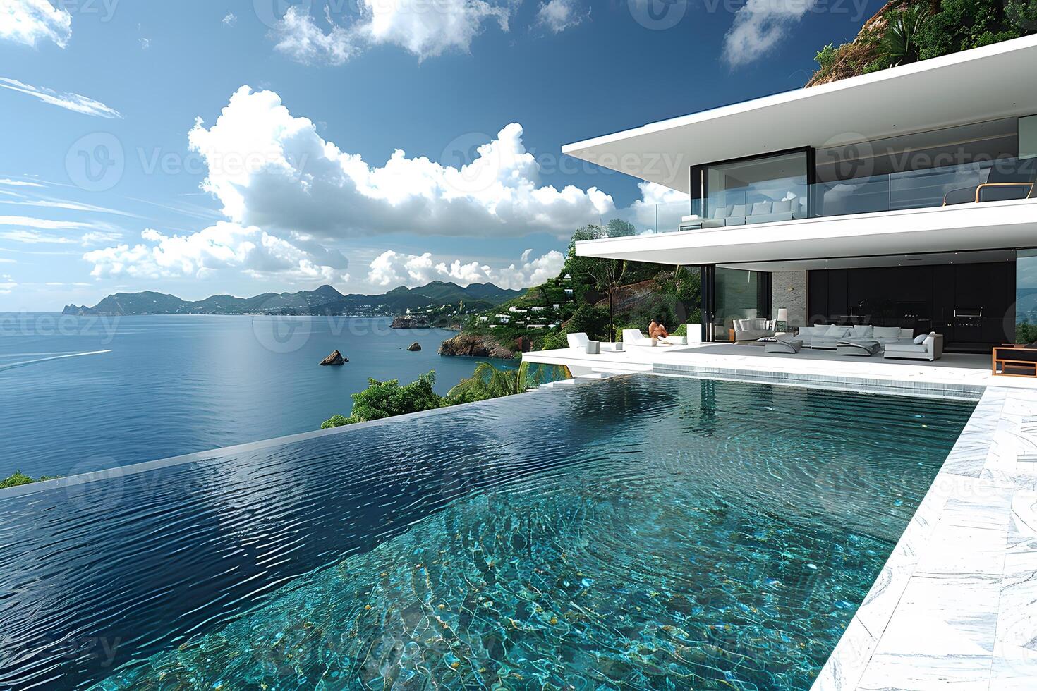 Luxury Seaside Villa with Infinity Pool Overlooking Ocean and Mountains photo