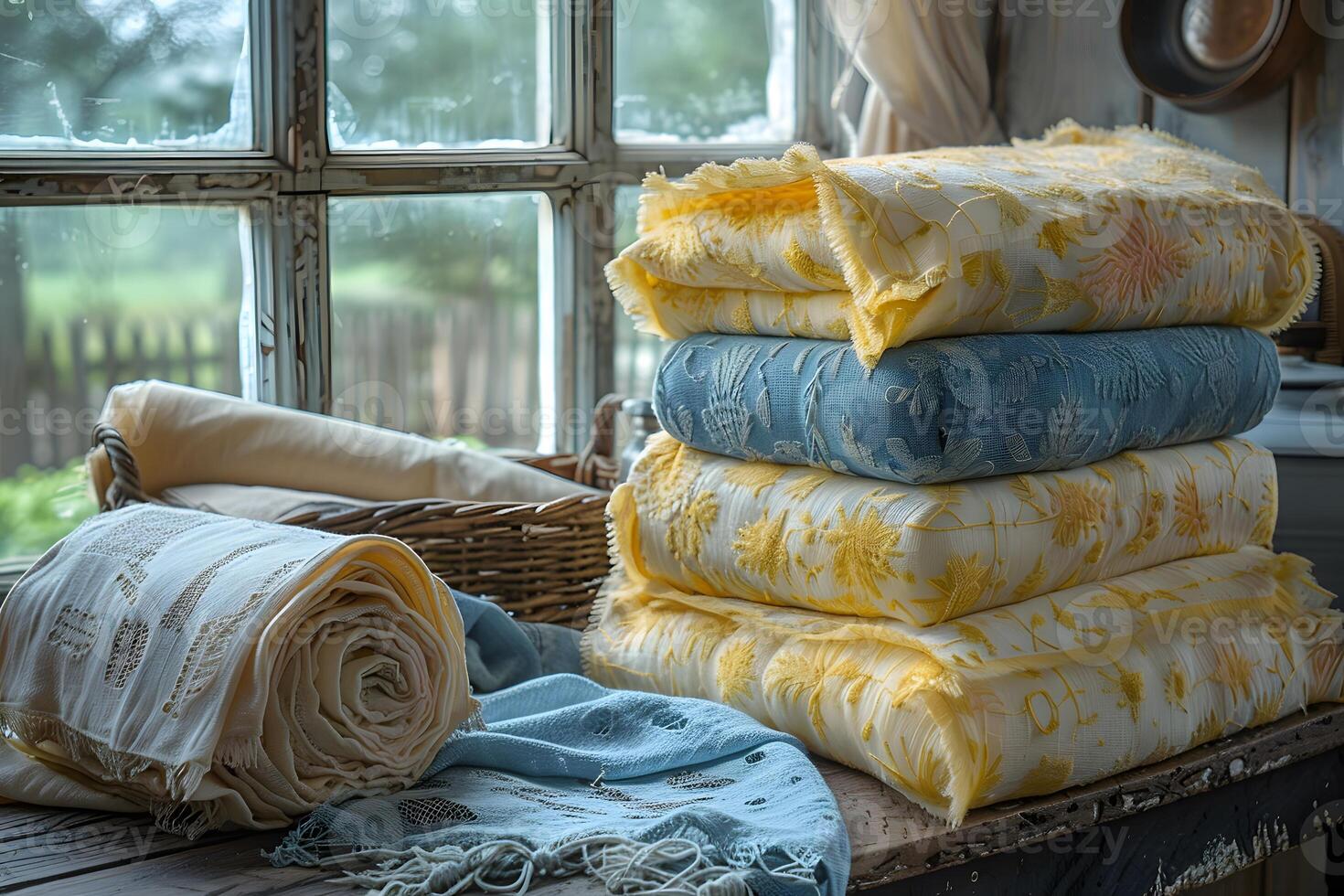Cozy Home Decor with Stacked Quilts by a Rustic Window for Relaxation and Comfort photo