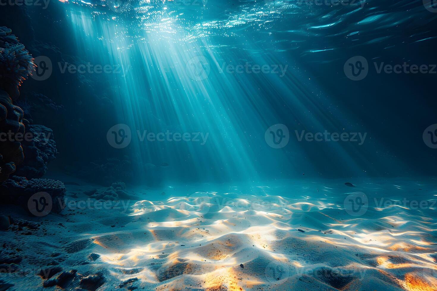 Underwater Serenity Sunlight Rays Illuminate Pristine Ocean Floor photo