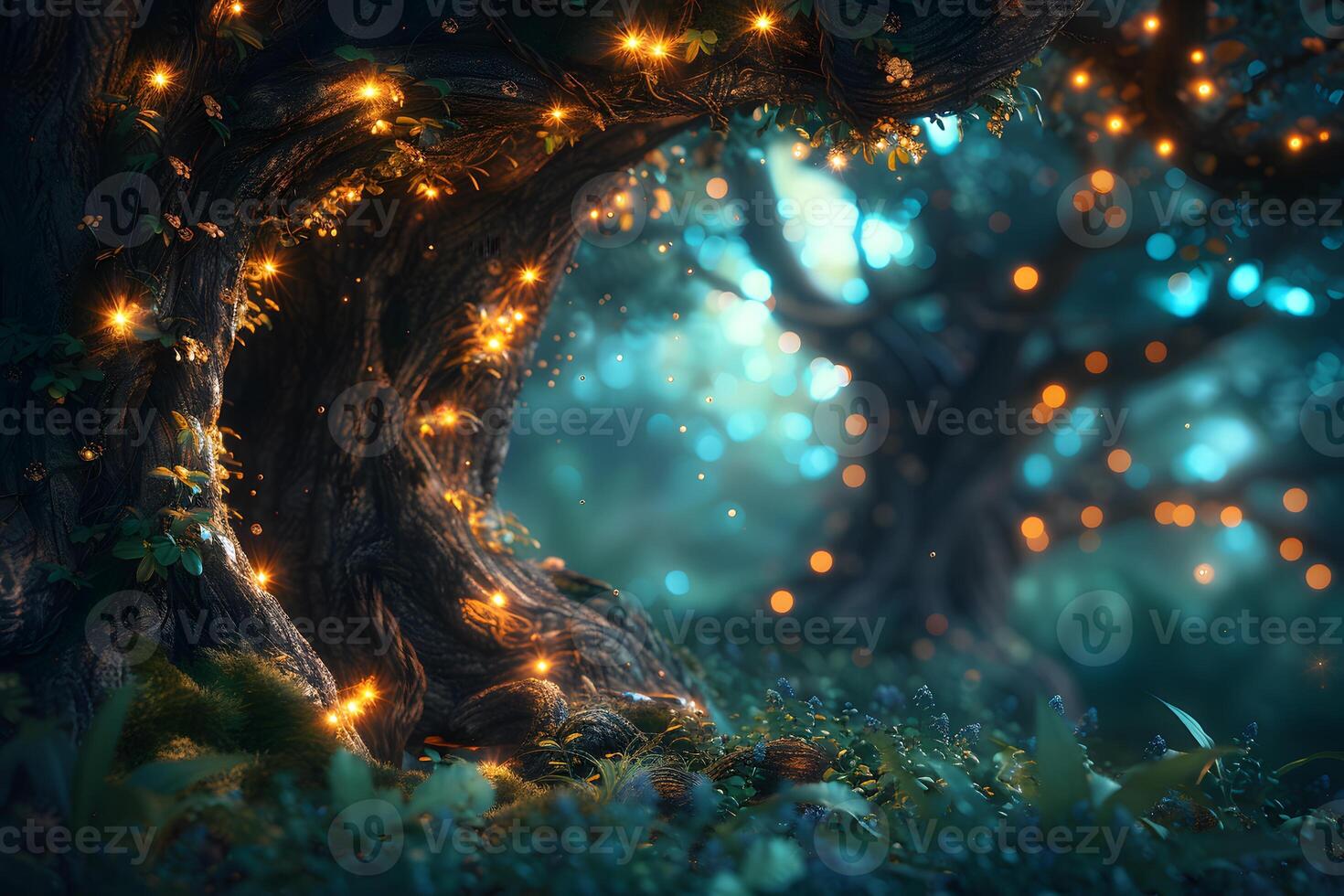 Enchanted Forest with Glowing Fairy Lights for Magical Fantasy Design photo