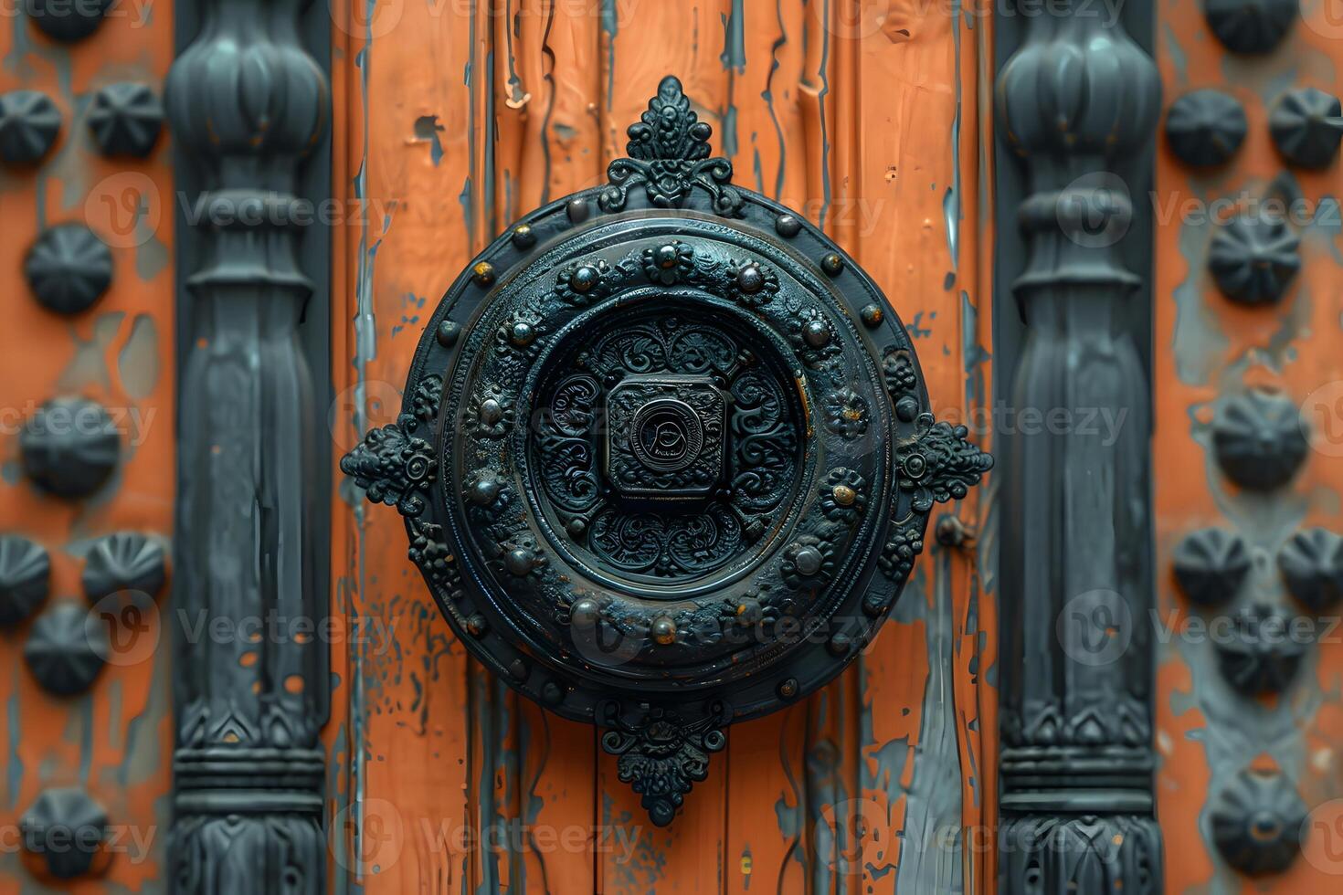 Vintage Ornate Door Knocker on Distressed Orange Wooden Surface - Architectural Detail for Design Inspiration photo
