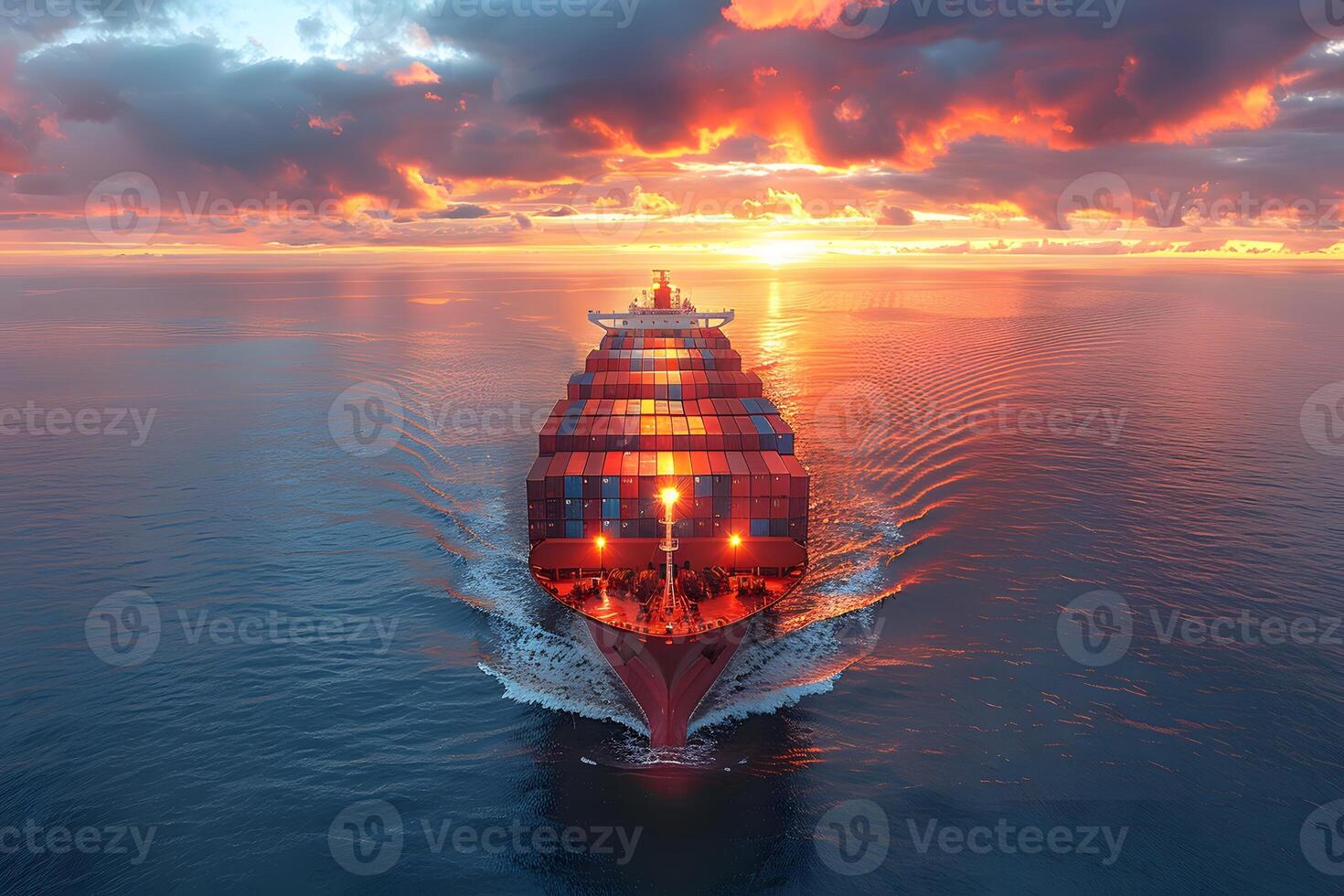 Majestic Cargo Ship at Sunset on Tranquil Ocean for Maritime Transportation Concepts photo