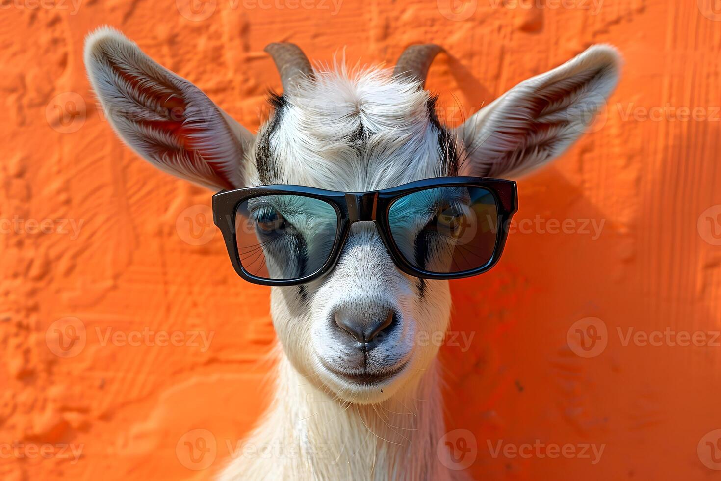 Cool Goat Wearing Sunglasses Against Vibrant Orange Wall Fun Animal Portrait for Creative Design photo
