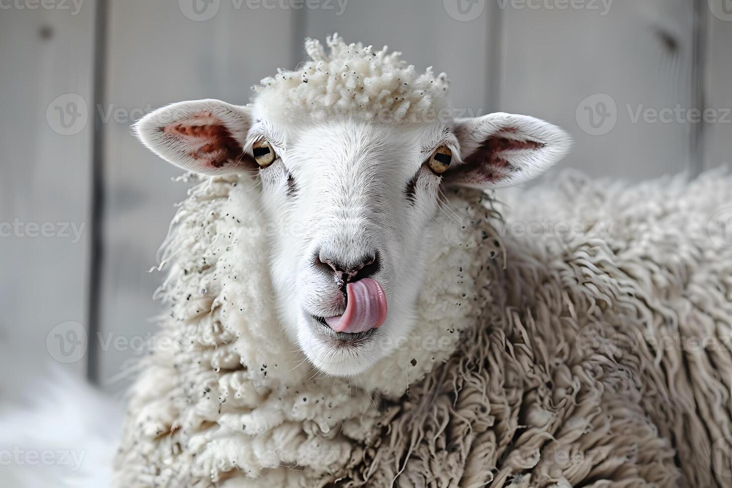 Close-Up Portrait of a Fluffy Sheep Against a Rustic Wooden Background photo