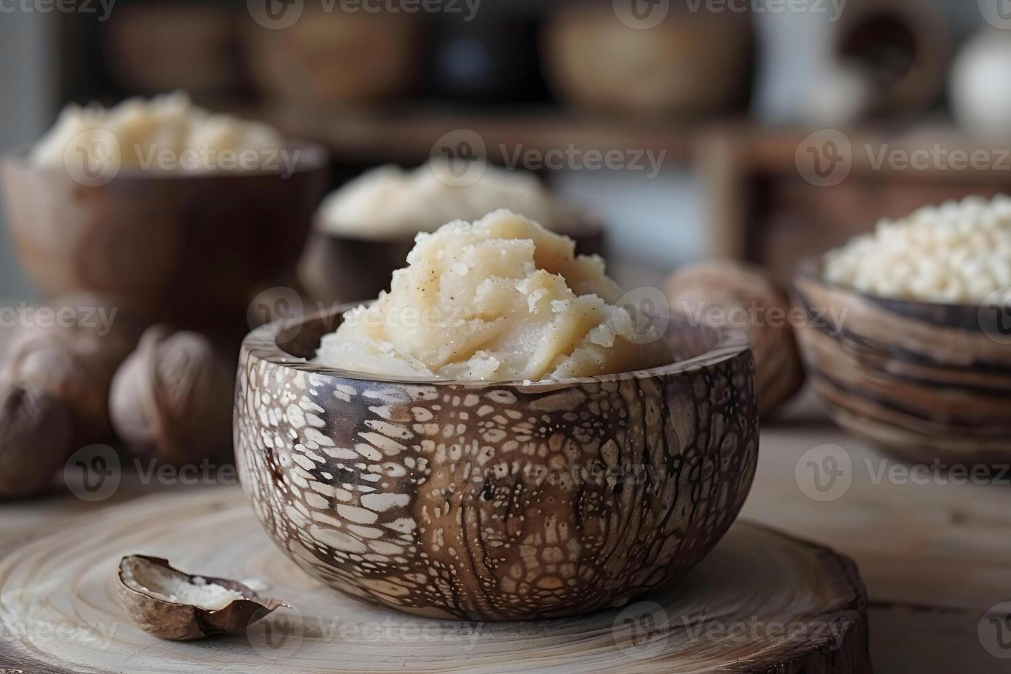 Natural Shea Butter in Artisan Wooden Bowls for Skincare and Wellness photo