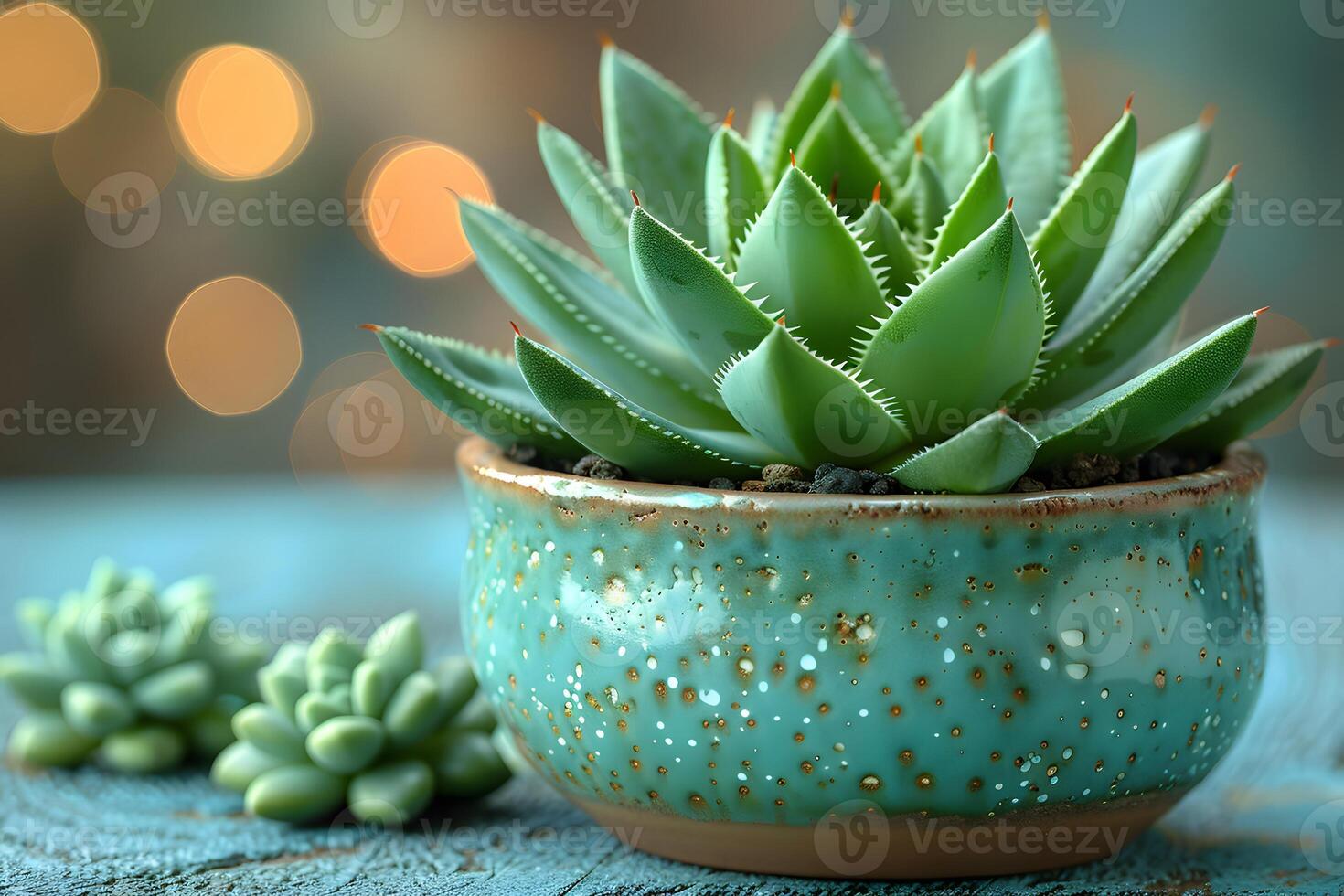 Serene Succulent Arrangement in Ceramic Pot with Bokeh Background for Home Decor photo