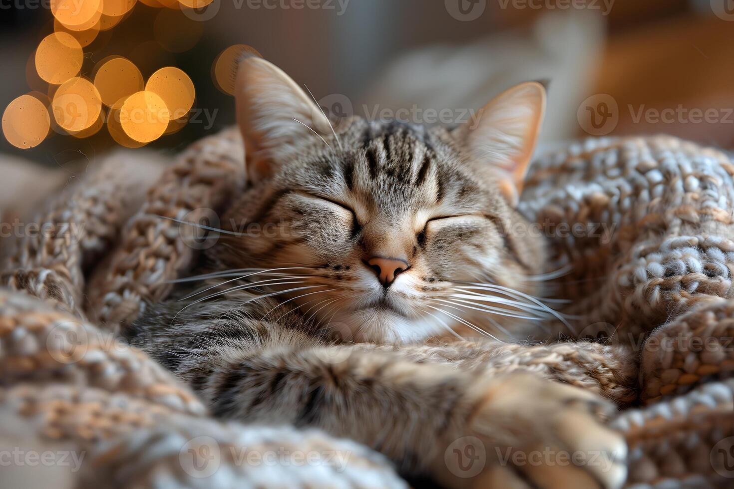 Cozy Cat Relaxing in Knitted Blanket with Warm Holiday Lights photo
