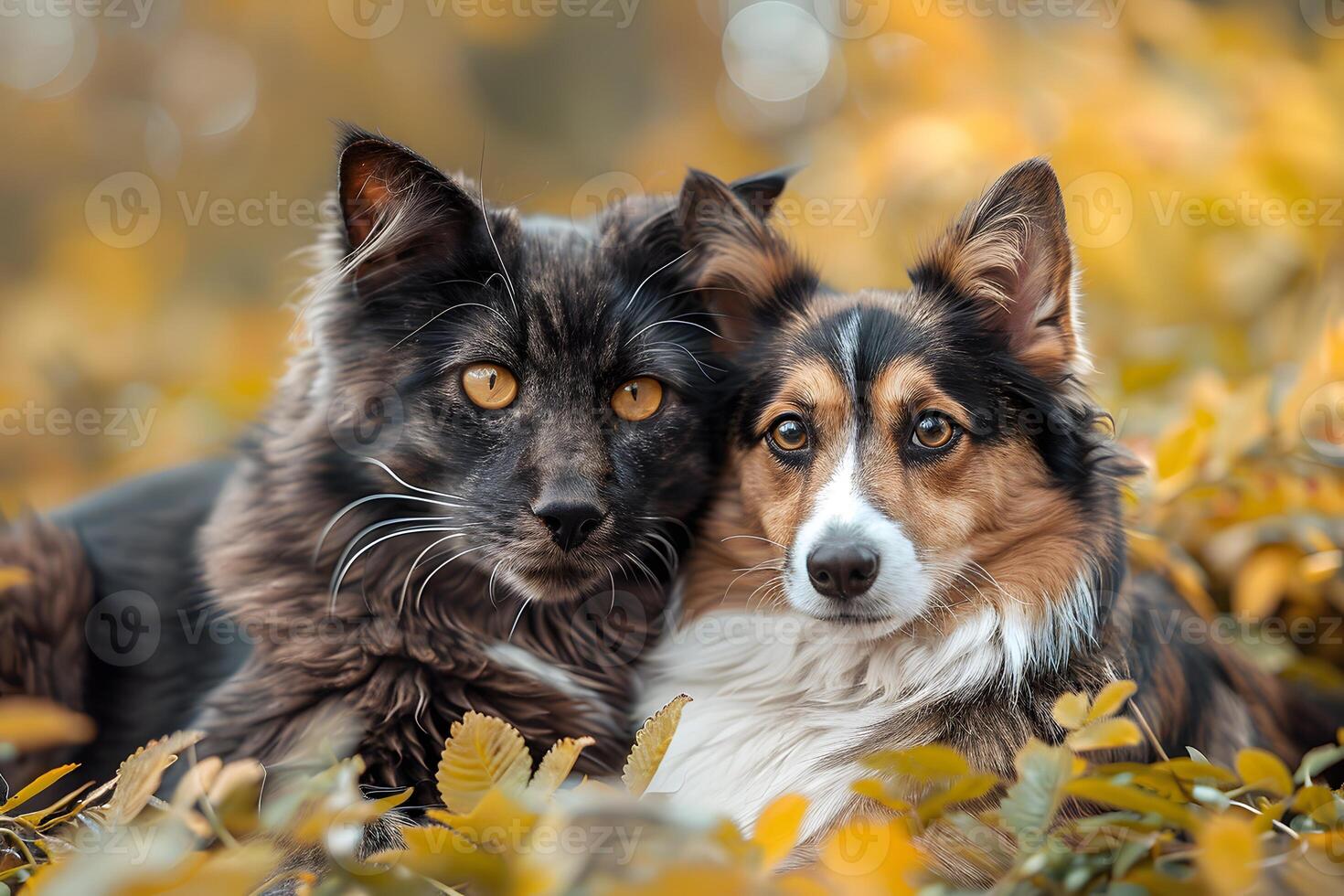 Autumn Companionship Cat and Dog Duo in Fall Foliage for Seasonal Nature Themes photo
