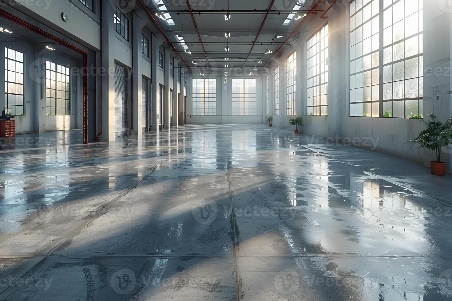 Industrial Warehouse Interior with Large Windows and Natural Light photo