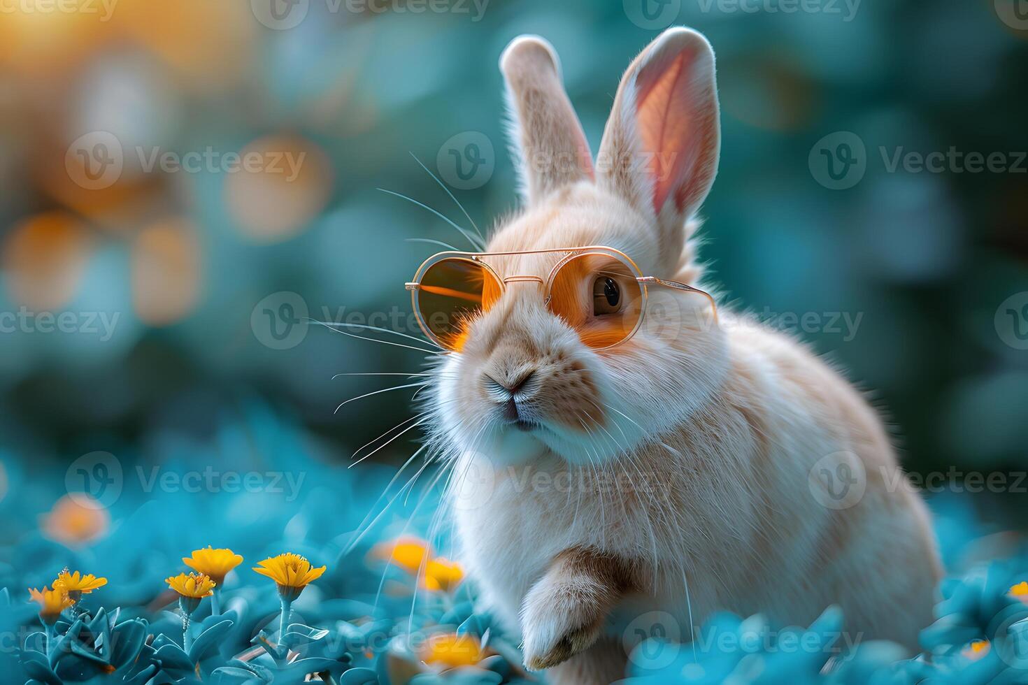 Stylish Rabbit in Sunglasses Enjoying Vibrant Spring Garden photo