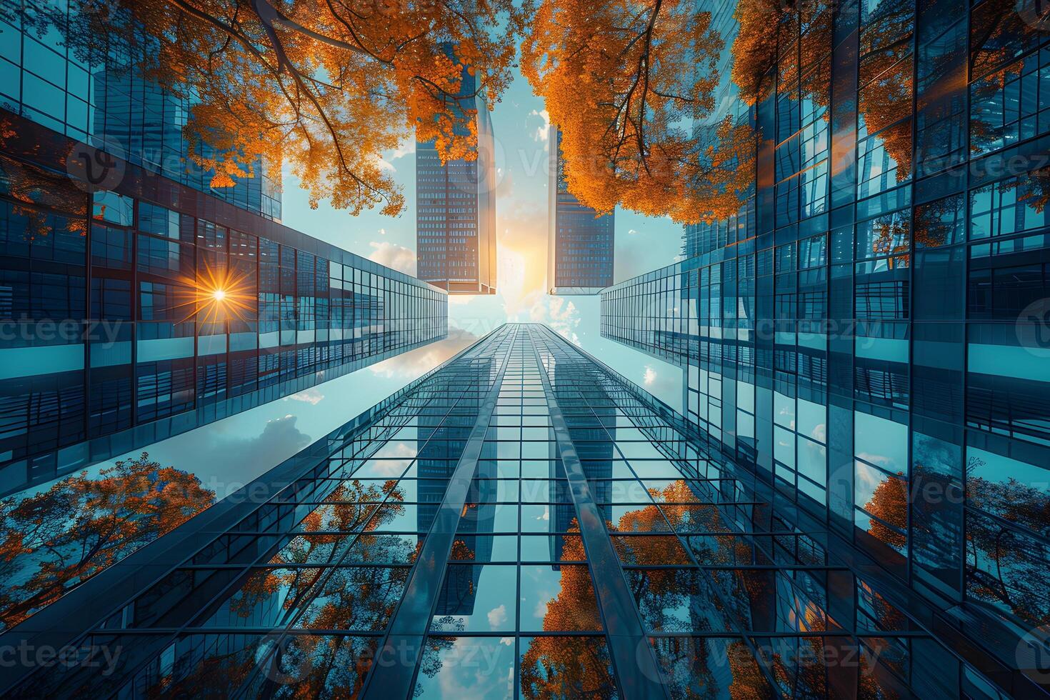 Autumnal Urban Landscape with Skyscrapers and Sunlight Reflections photo