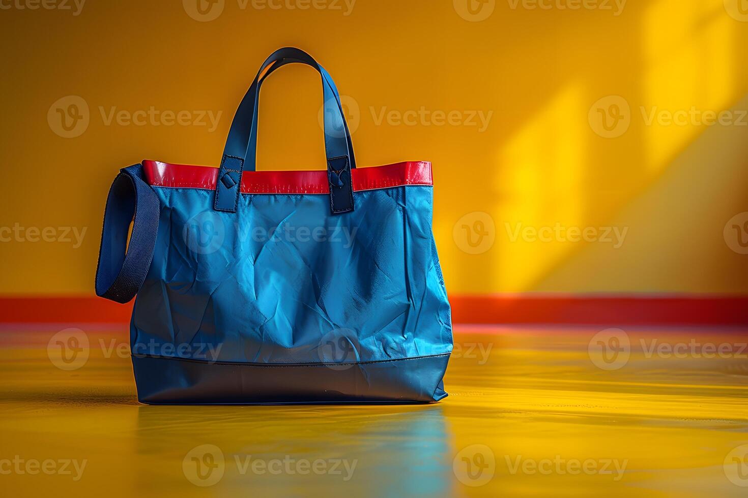 Stylish Blue Tote Bag Against Vibrant Yellow Wall for Fashion and Design Concepts photo