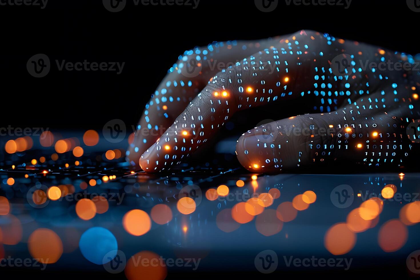 Futuristic Digital Touch Hand Interacting with Virtual Data for Cyber Technology Design photo
