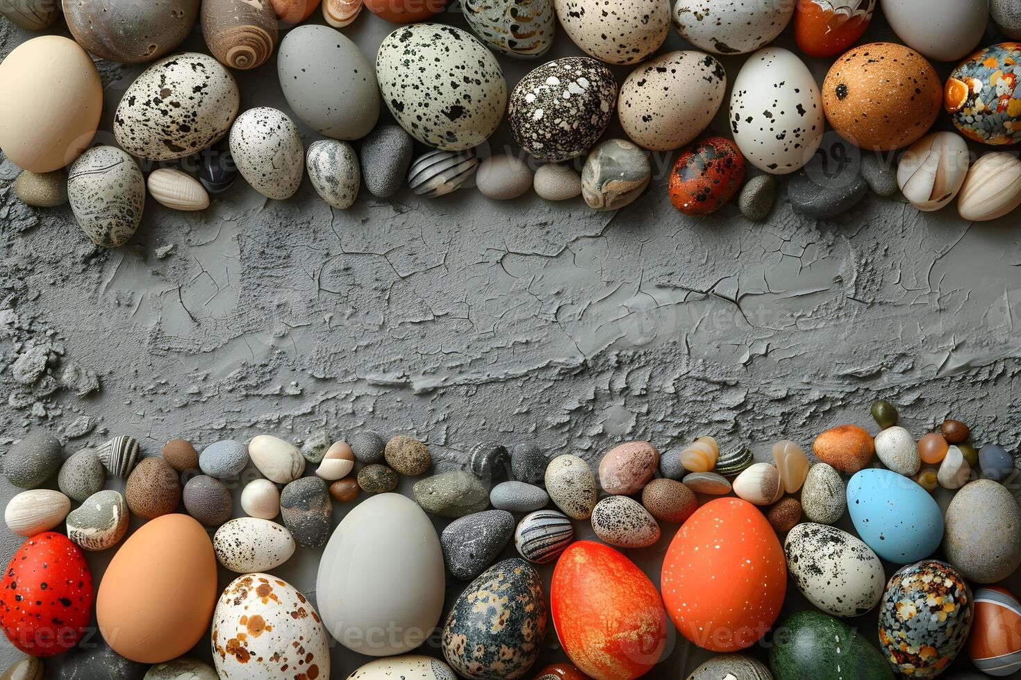 Vibrant Easter Egg Arrangement on Textured Gray Background for Spring Design photo