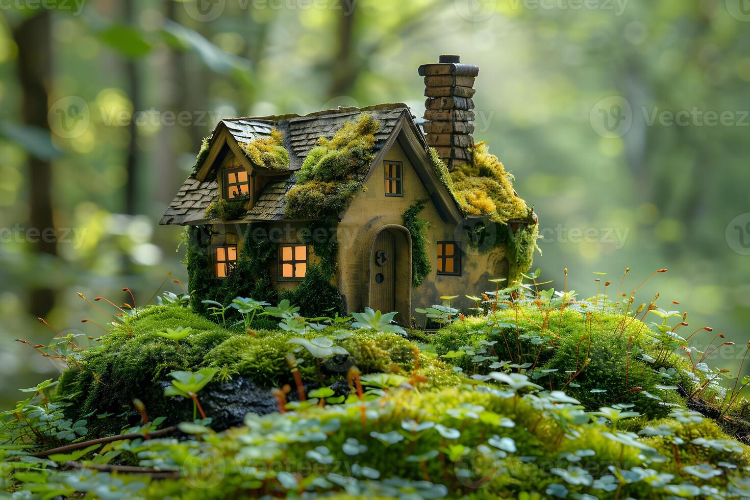 Enchanted Forest Cottage with Mossy Roof for Fairy Tale Settings photo
