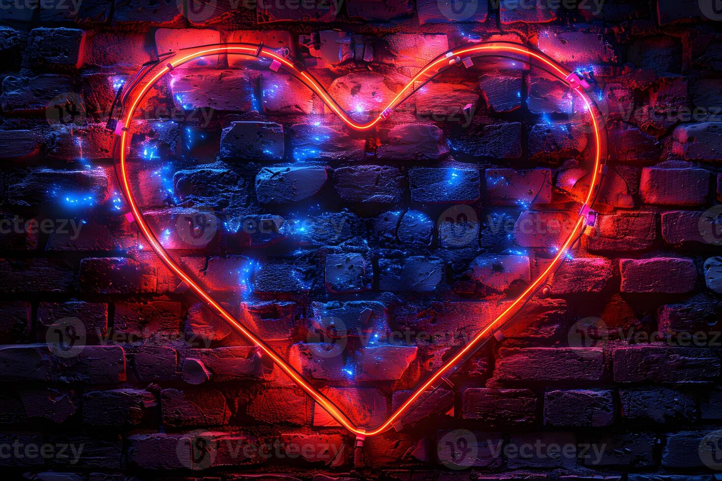 Neon Heart Shaped Light on Brick Wall for Romantic Decor and Art Design photo