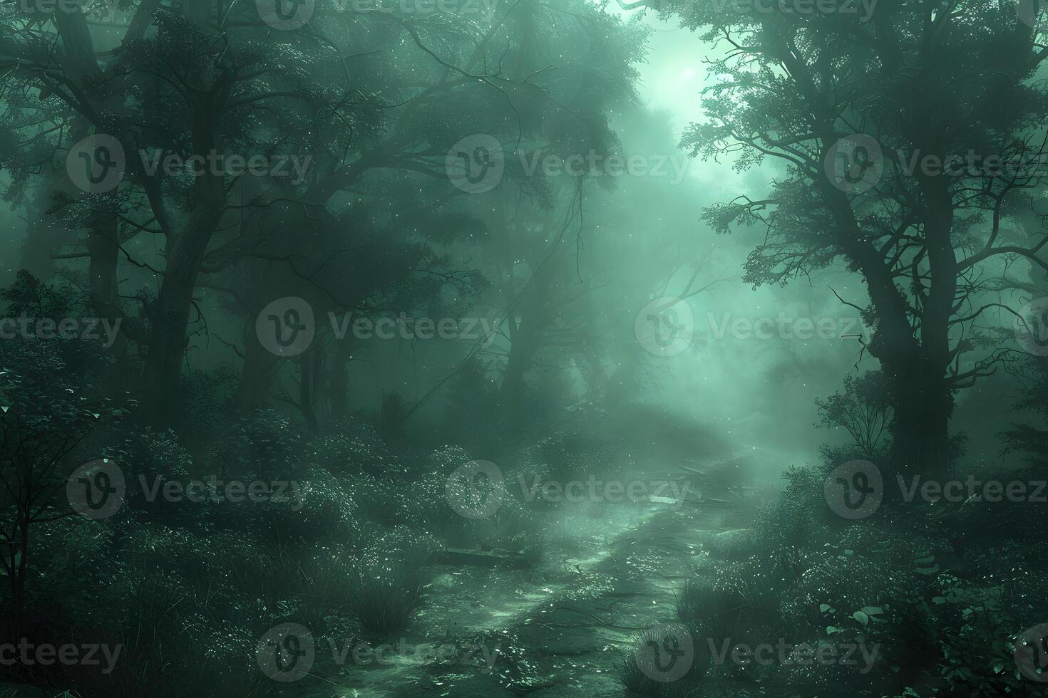 Mysterious Forest Pathway in Misty Green Light for Nature-Themed Designs photo