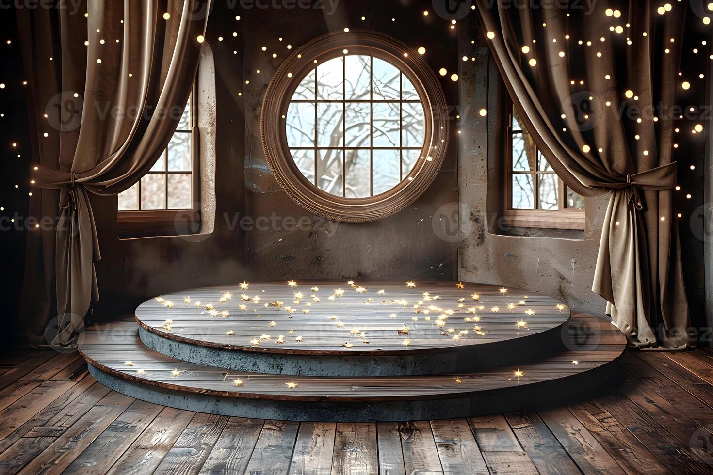 Enchanting Rustic Stage with String Lights in Winter Scene for Event Decor and Design photo