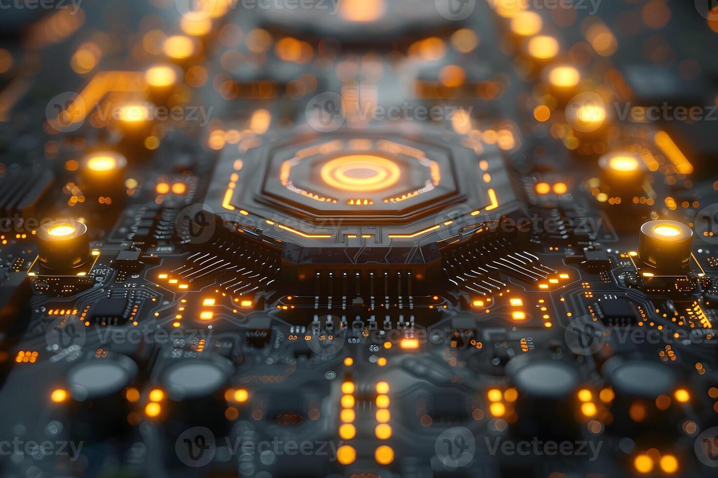 Futuristic Circuit Board with Glowing Microchip for Technology Design and Innovation photo