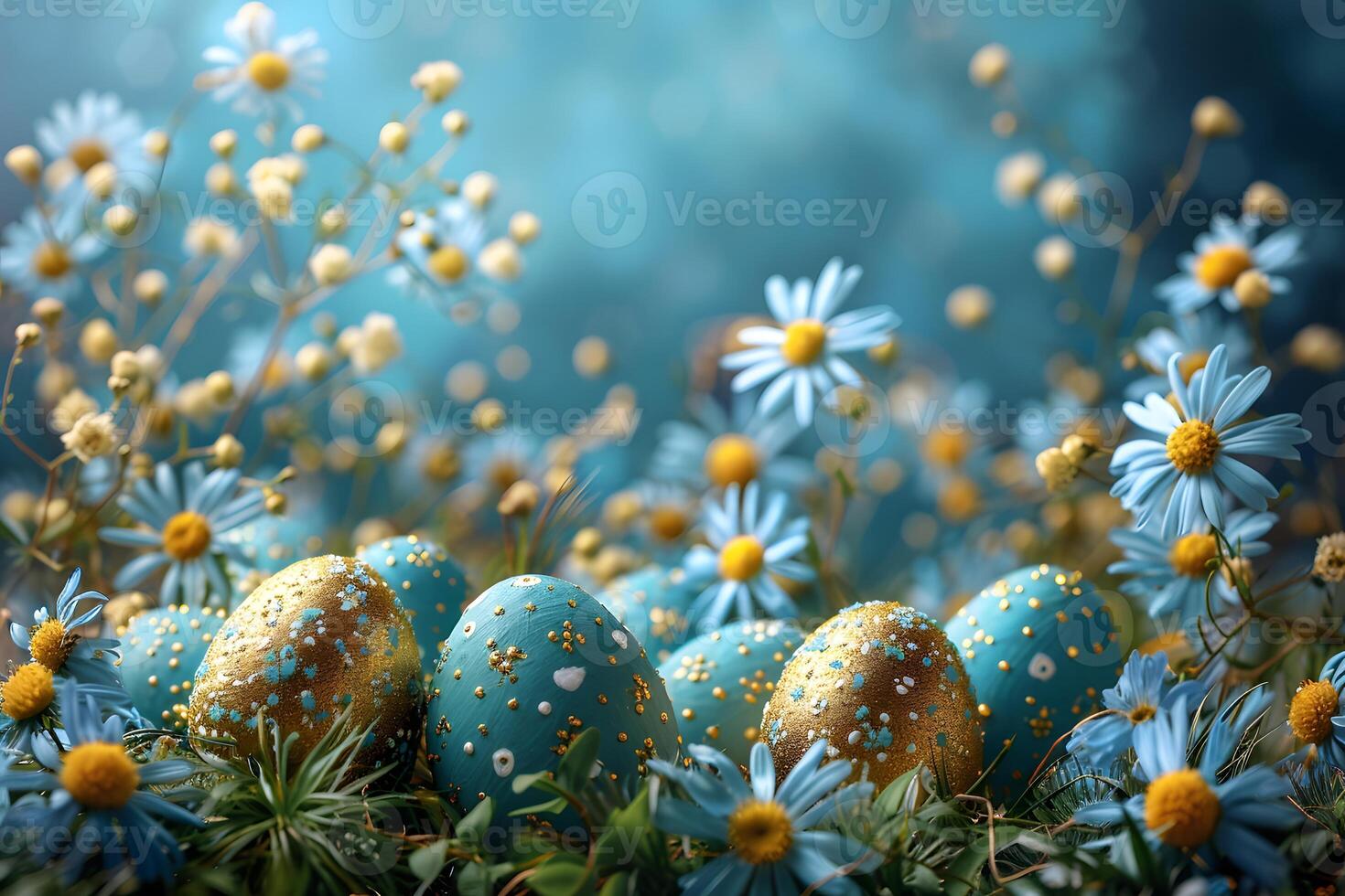 Spring Floral Easter Scene Ornate Eggs Amidst Daisies for Festive Decor and Digital Use photo