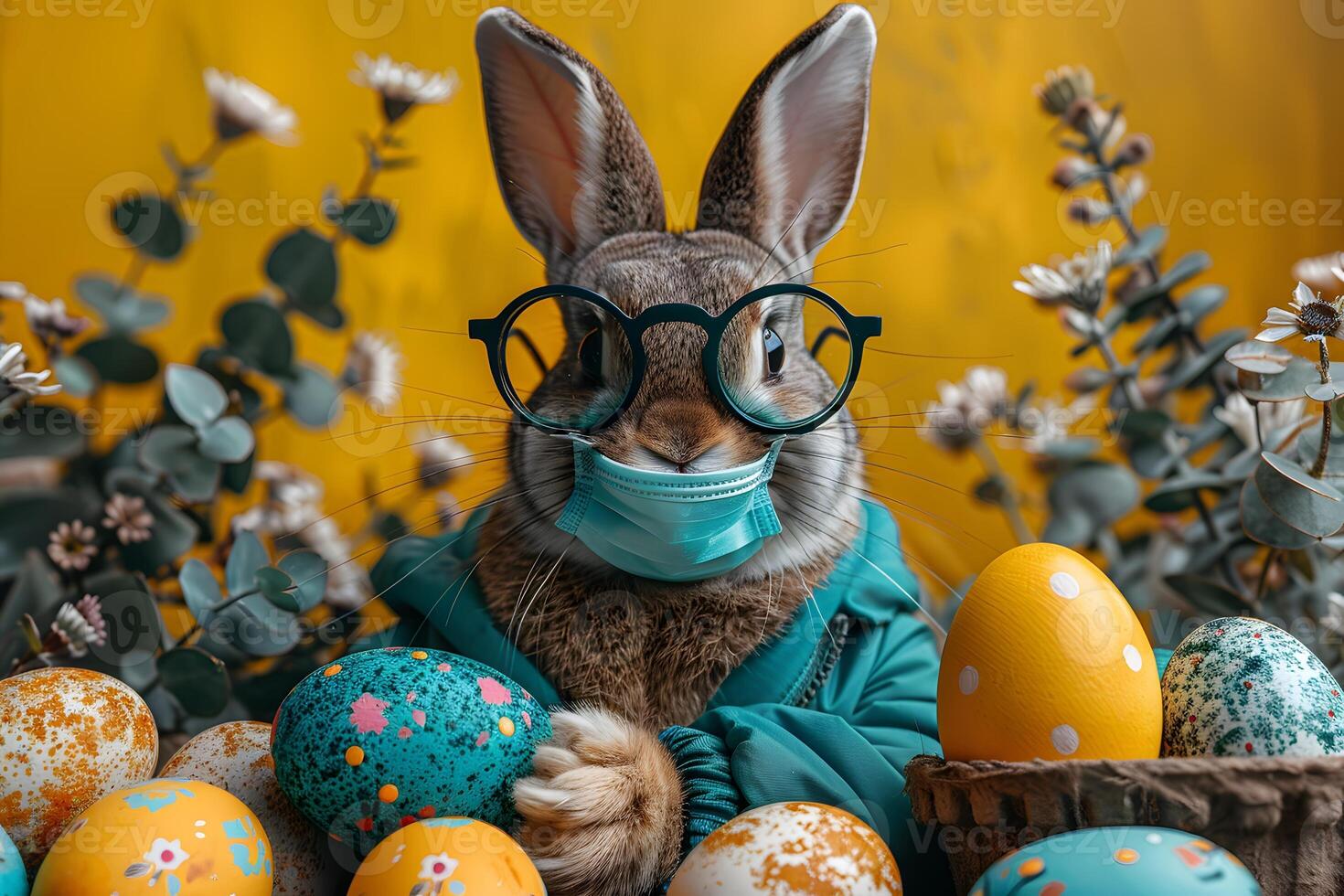 Whimsical Easter Bunny with Glasses and Face Mask Surrounded by Colorful Eggs photo