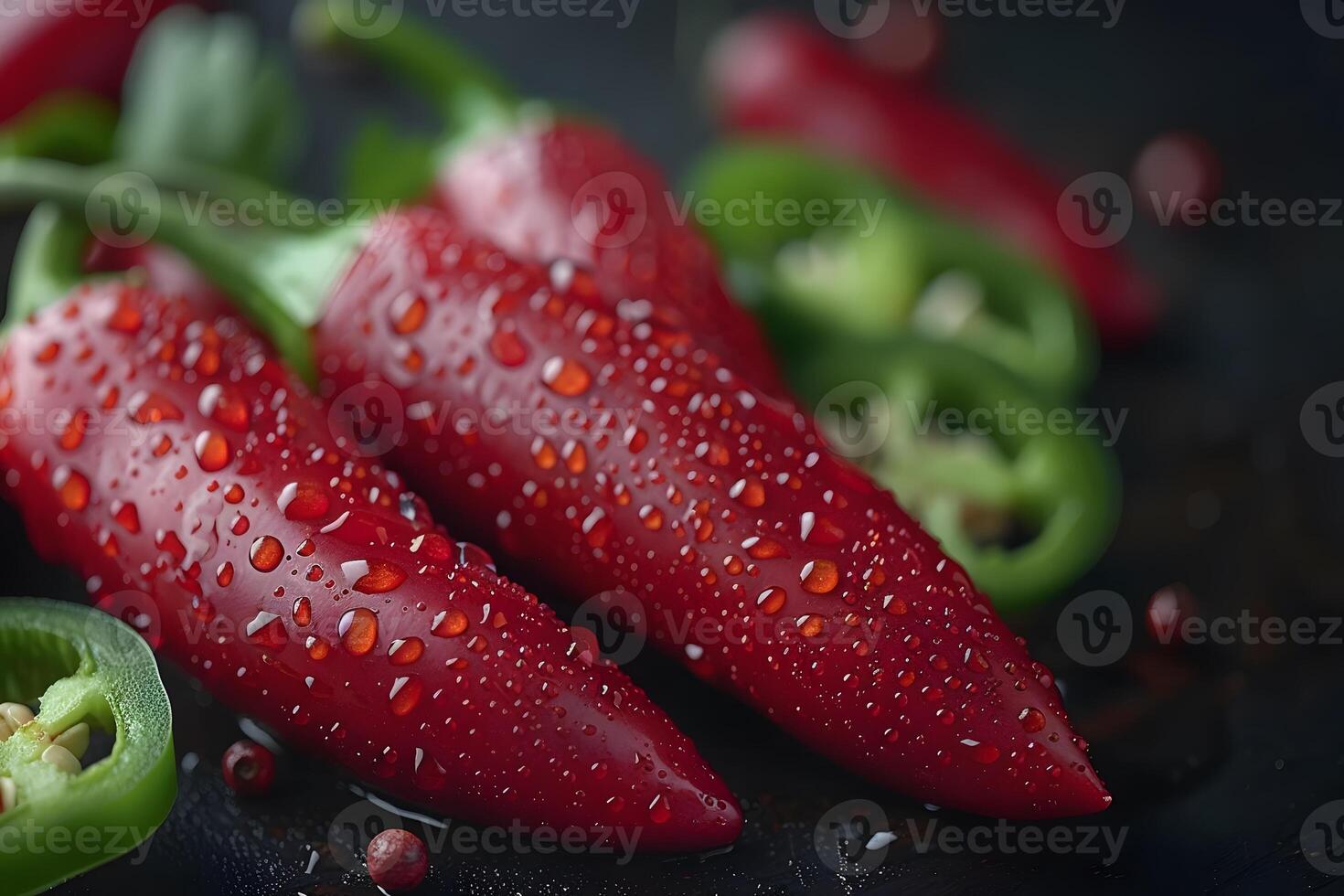 Fresh Red and Green Jalape o Peppers with Water Droplets on Dark Background photo