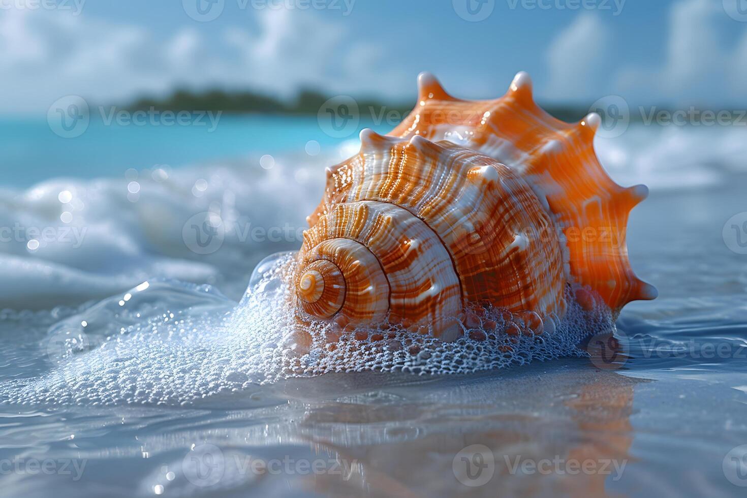 Idyllic Beach Scene with Seashell and Ocean Waves for Summer Vacation Themes photo
