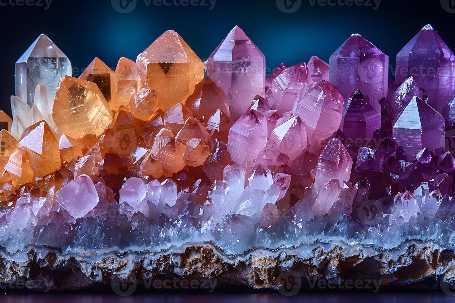 Vibrant Crystal Geode Display Amethyst, Citrine, and Rose Quartz on Rock Formation photo
